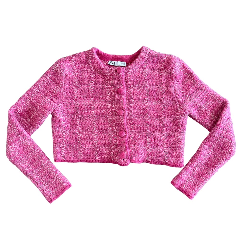 Zara Pink Textured Knit Cropped Cardigan Metallic Bouclé Button Front Small